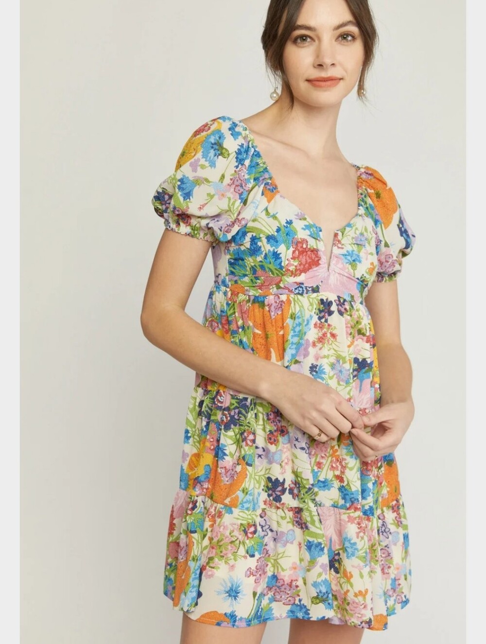 Entro Stella Floral V-Neck Puff Sleeve Babydoll Mini Dress Boho Cottagecore M